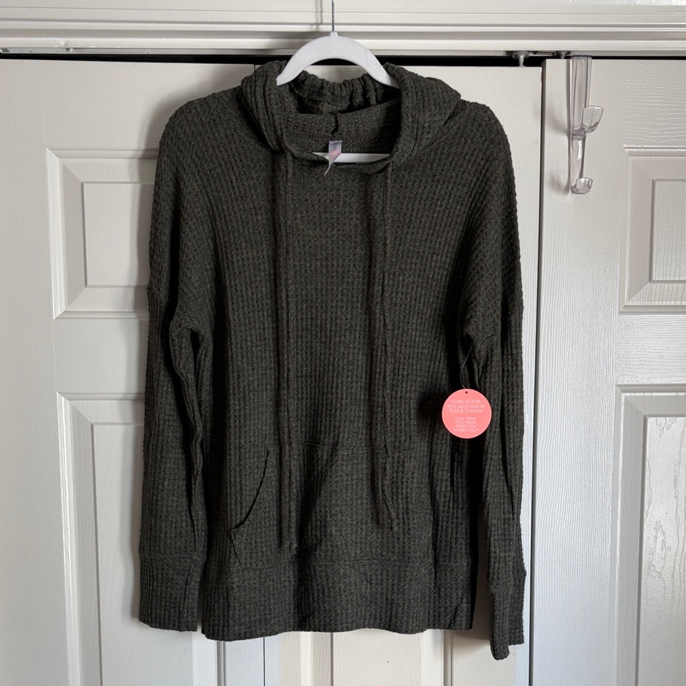 Olive Waffle-Knit Crewneck Hoodie Sweater